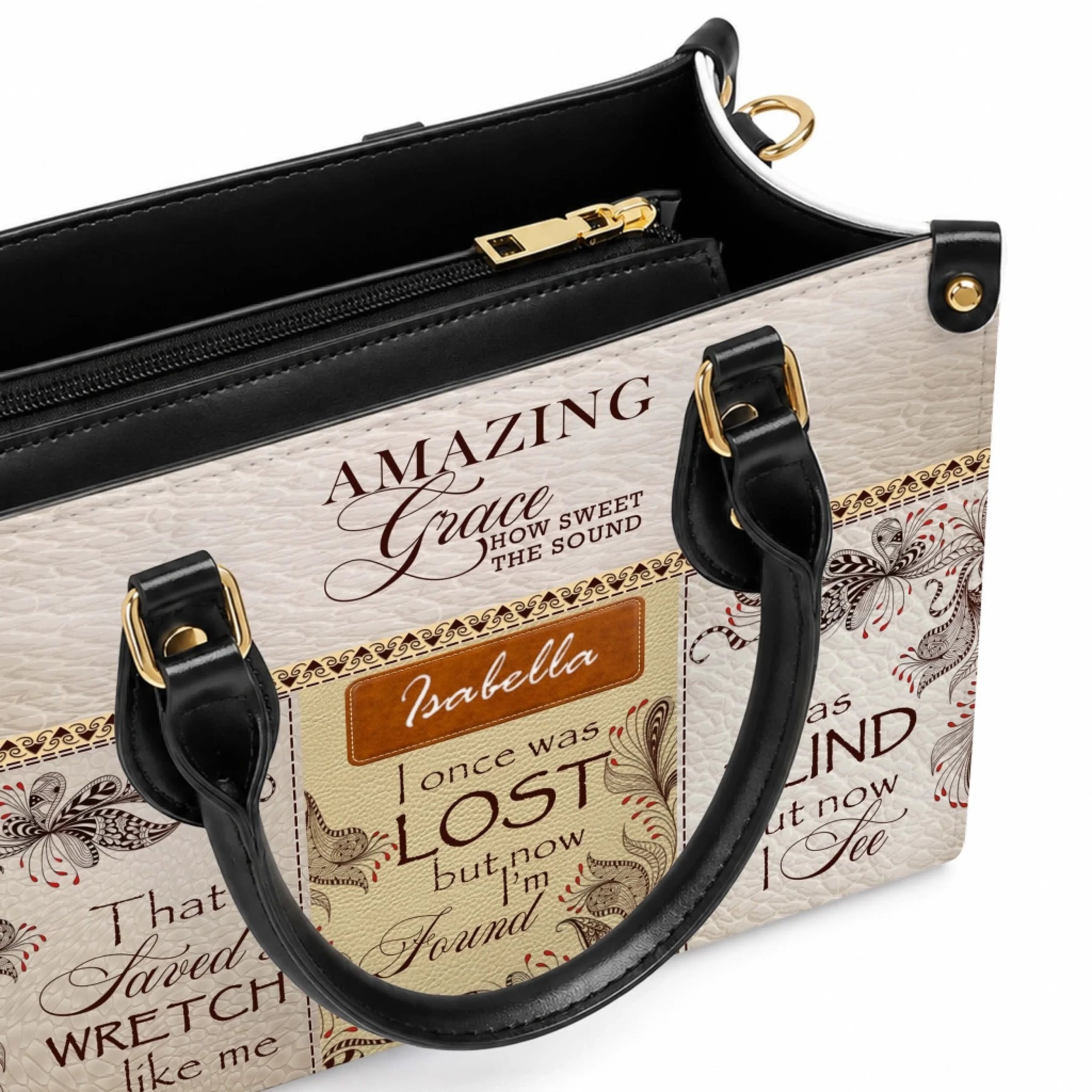 Interior view of a personalized Amazing Grace leather handbag featuring a golden zipper and stylish fabric lining.