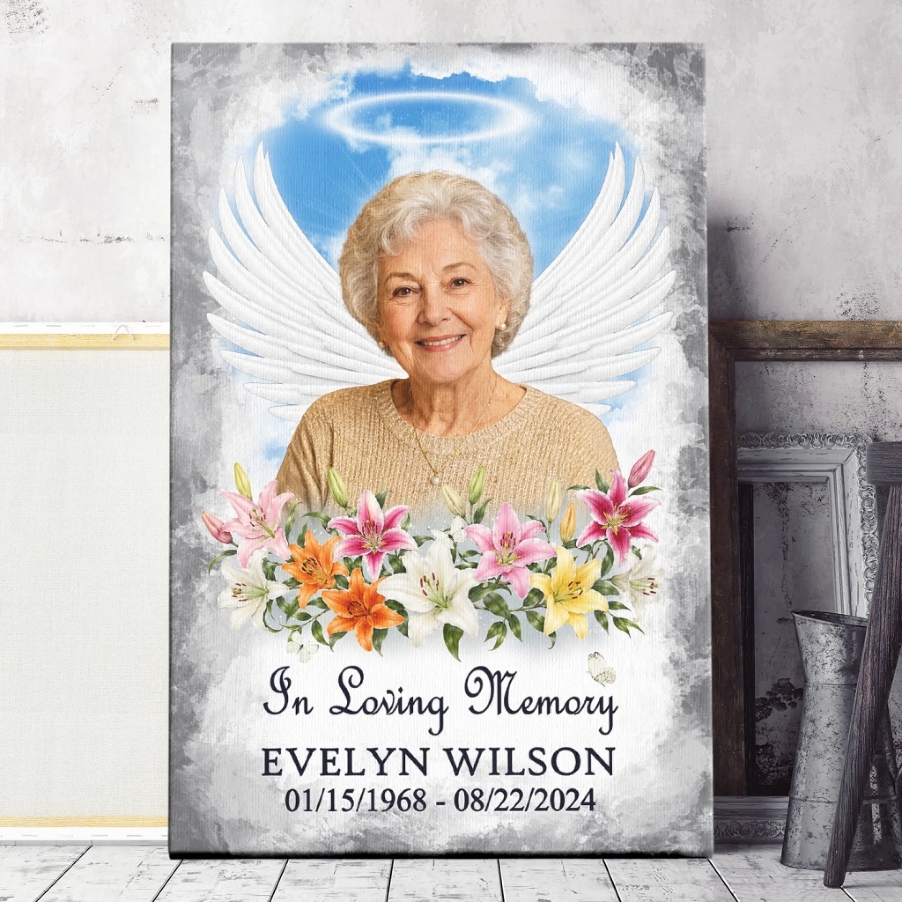 Personalized sympathy canvas art with angel wings and floral details, custom memorial photo, name, and date of passing.