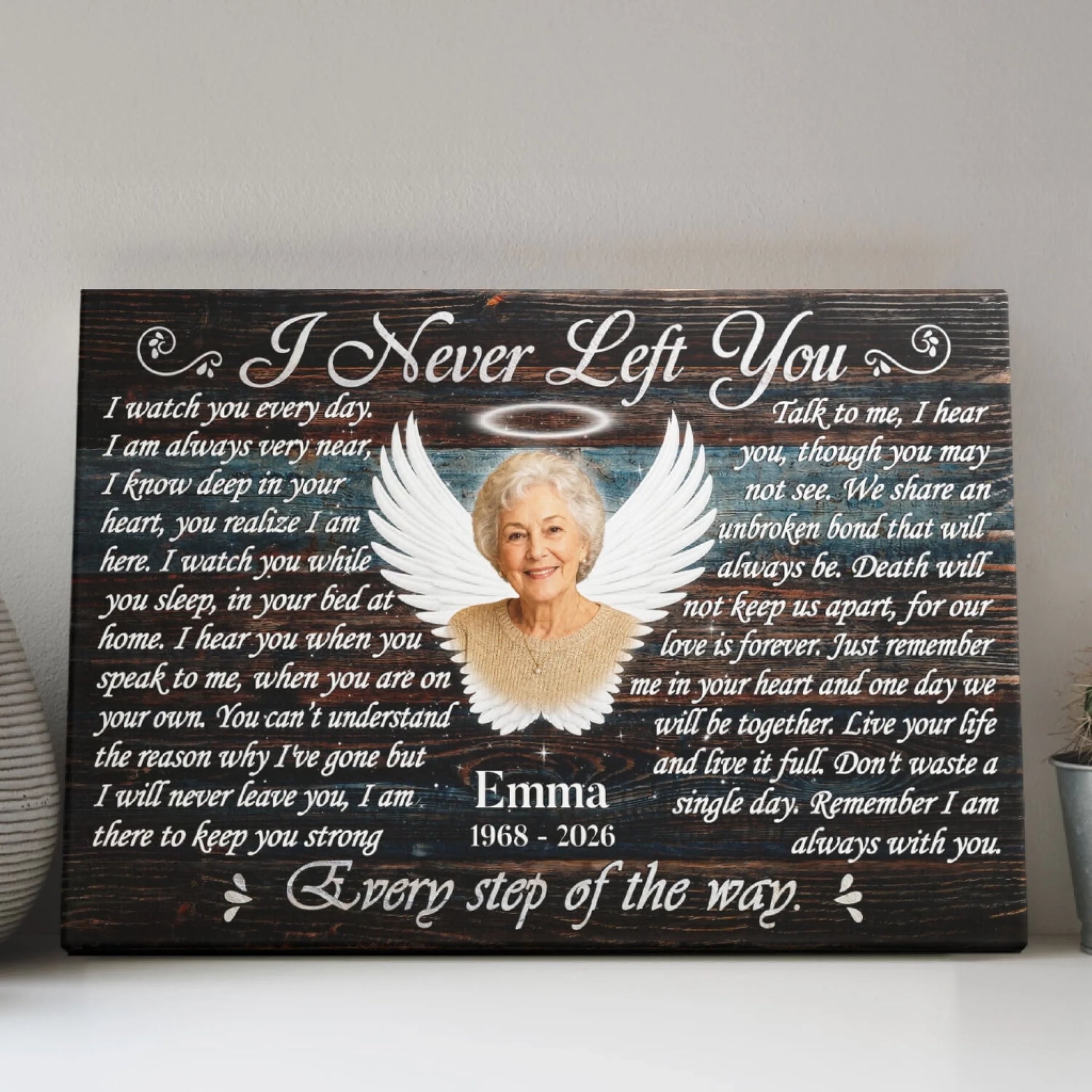 Customized memorial canvas print featuring angel wings and a touching sympathy poem to honor a loved one.