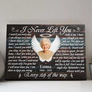 Customized memorial canvas print featuring angel wings and a touching sympathy poem to honor a loved one.
