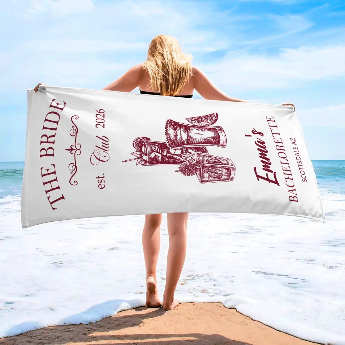 Personalized bachelorette party beach towel with cocktail illustrations custom name and Scottsdale AZ location