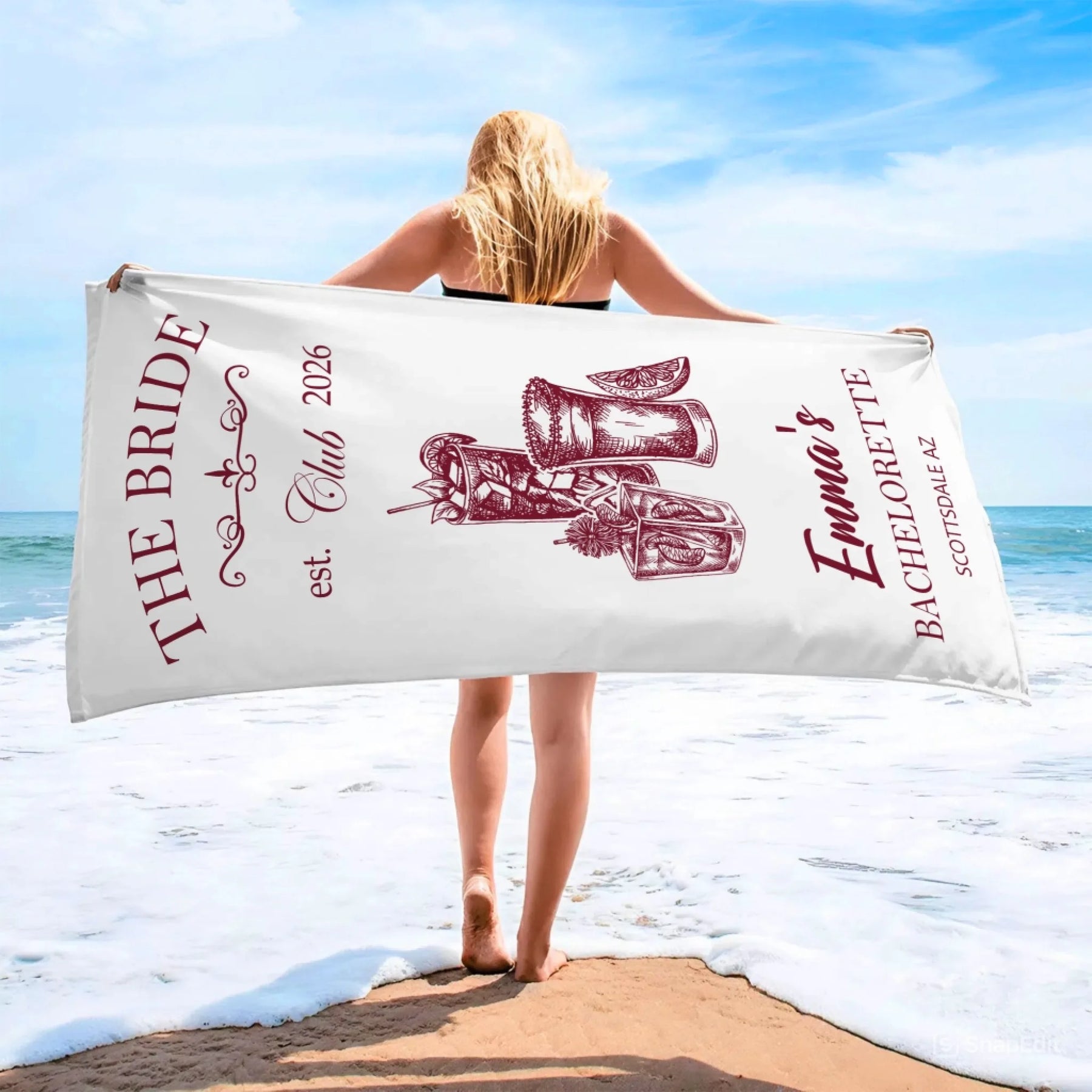 Personalized bachelorette party beach towel with cocktail illustrations custom name and Scottsdale AZ location