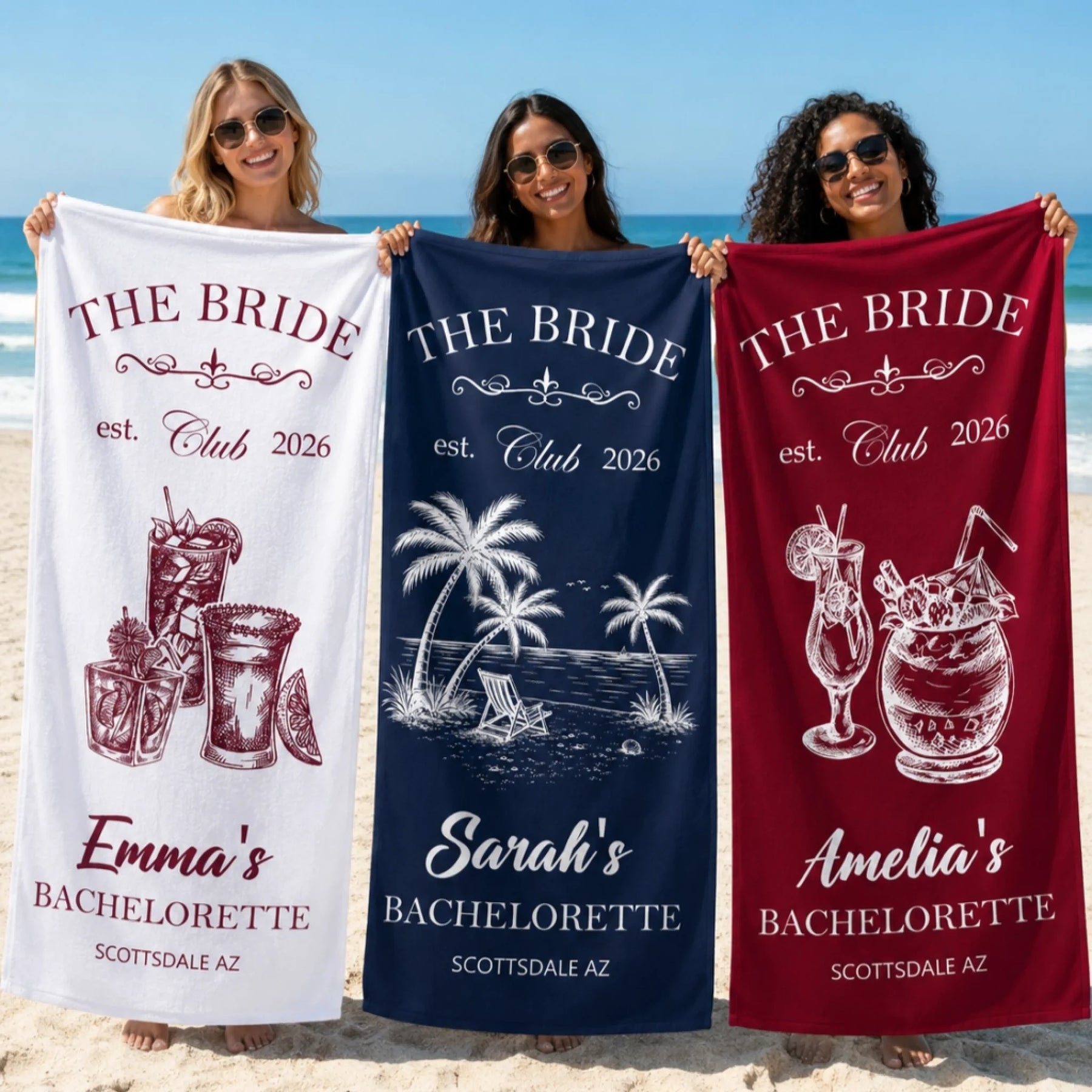 Three women holding personalized bachelorette party beach towels with custom names Scottsdale AZ and cocktail designs