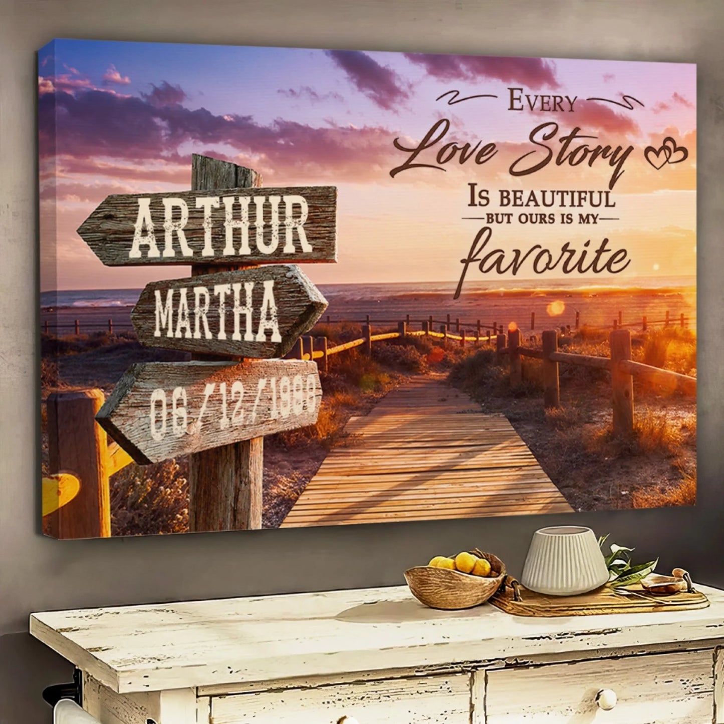 Personalized beach boardwalk wall art featuring custom names and date, perfect romantic gift for wedding anniversaries.
