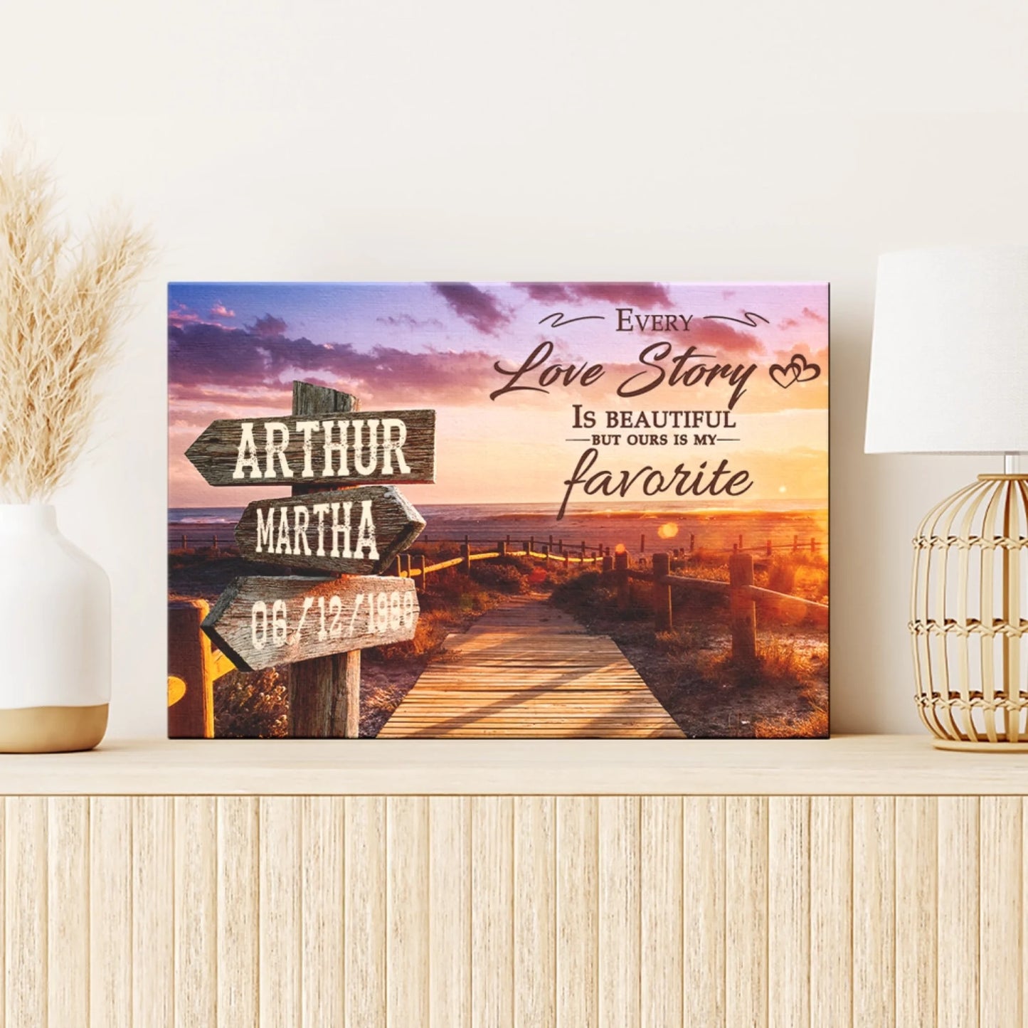 Personalized canvas wall art displaying a beautiful sunset beach landscape with custom names and date directional signs for couples.