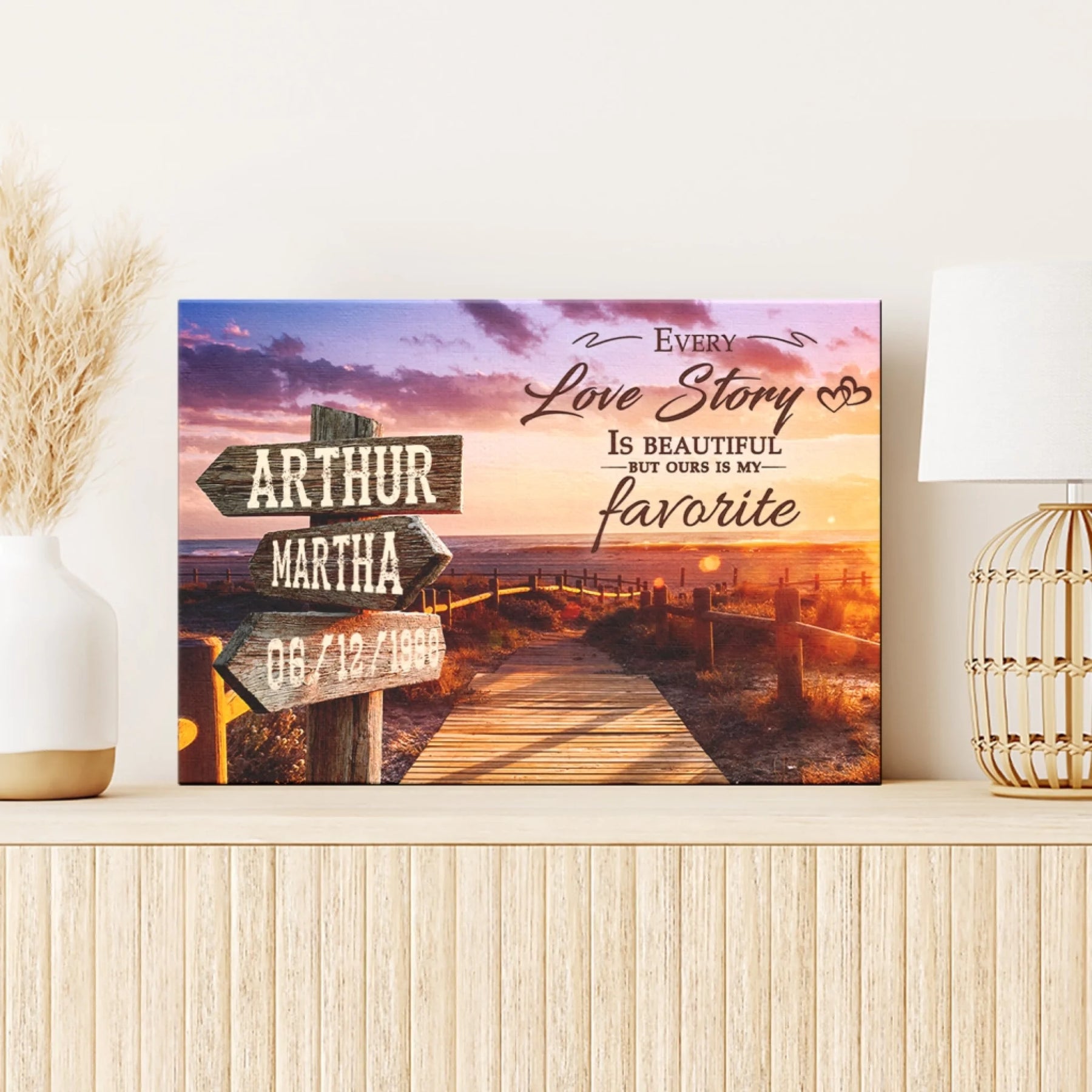 Personalized canvas wall art displaying a beautiful sunset beach landscape with custom names and date directional signs for couples.