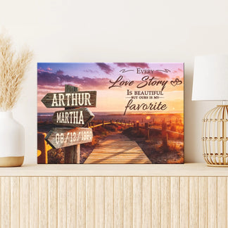 Personalized canvas wall art displaying a beautiful sunset beach landscape with custom names and date directional signs for couples.