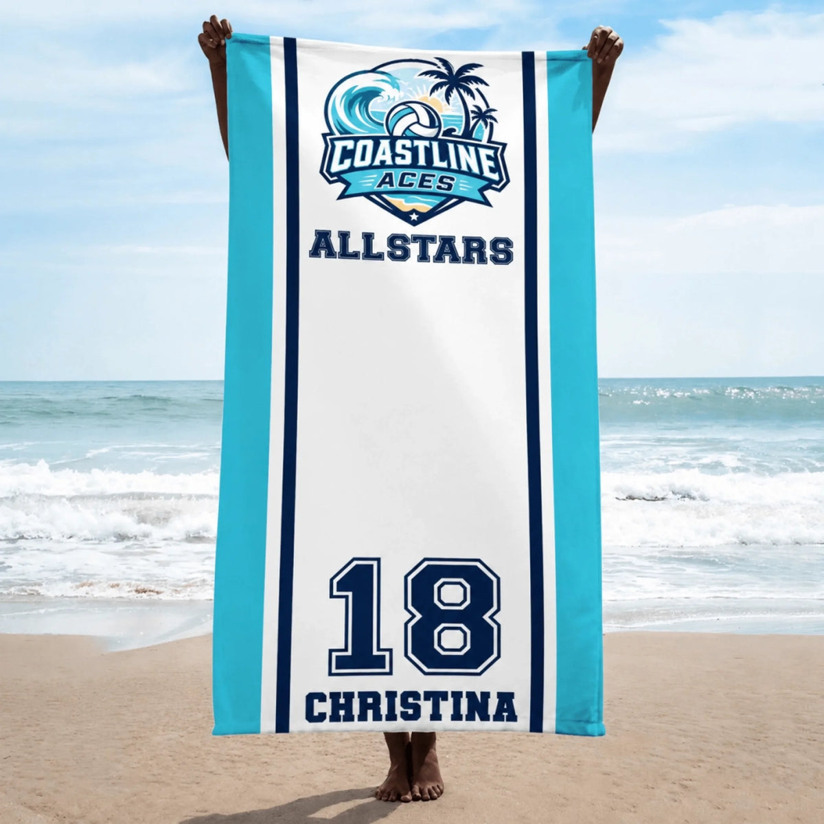 Personalized Coastline Aces Allstars beach towel featuring a tropical volleyball graphic with custom name and number.