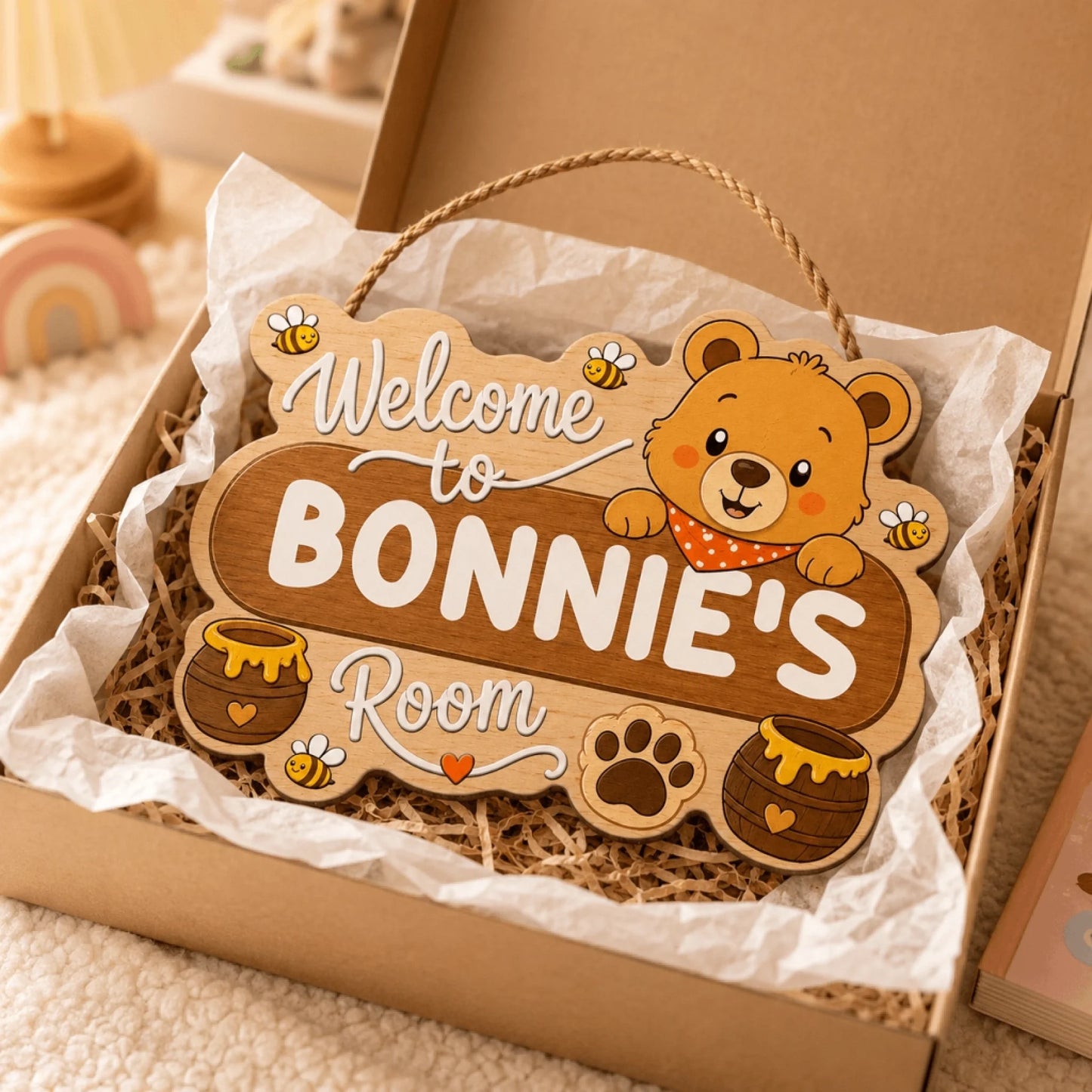 Personalized wooden bear wall sign for a nursery decor packed in a gift box with tissue paper perfect for baby showers