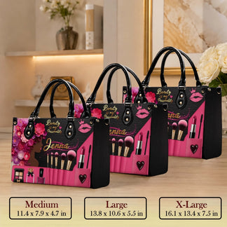 Size guide for custom makeup themed handbags showing medium large and extra large dimensions in inches.