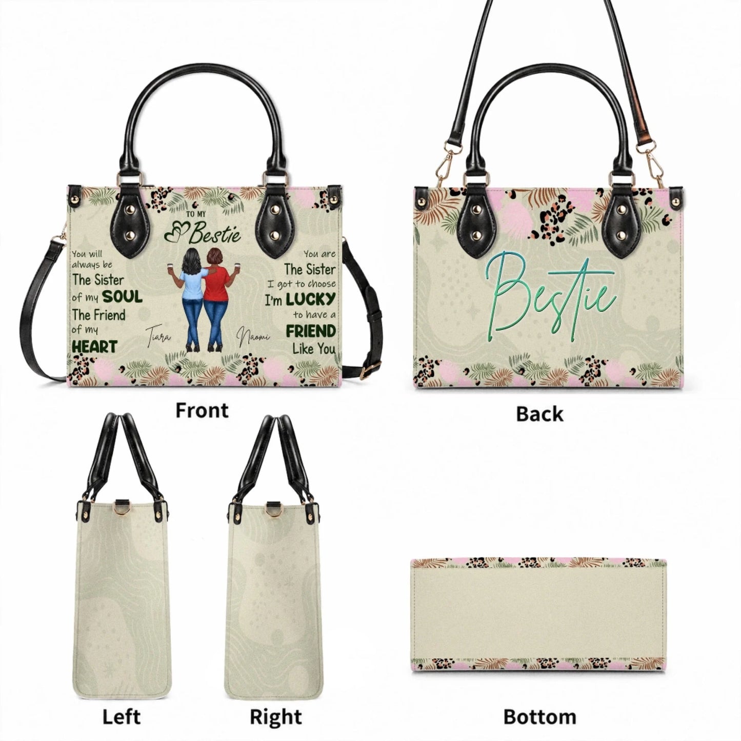 Multiple views of a personalized best friend handbag showing the front, back, side panels, and bottom structure design.