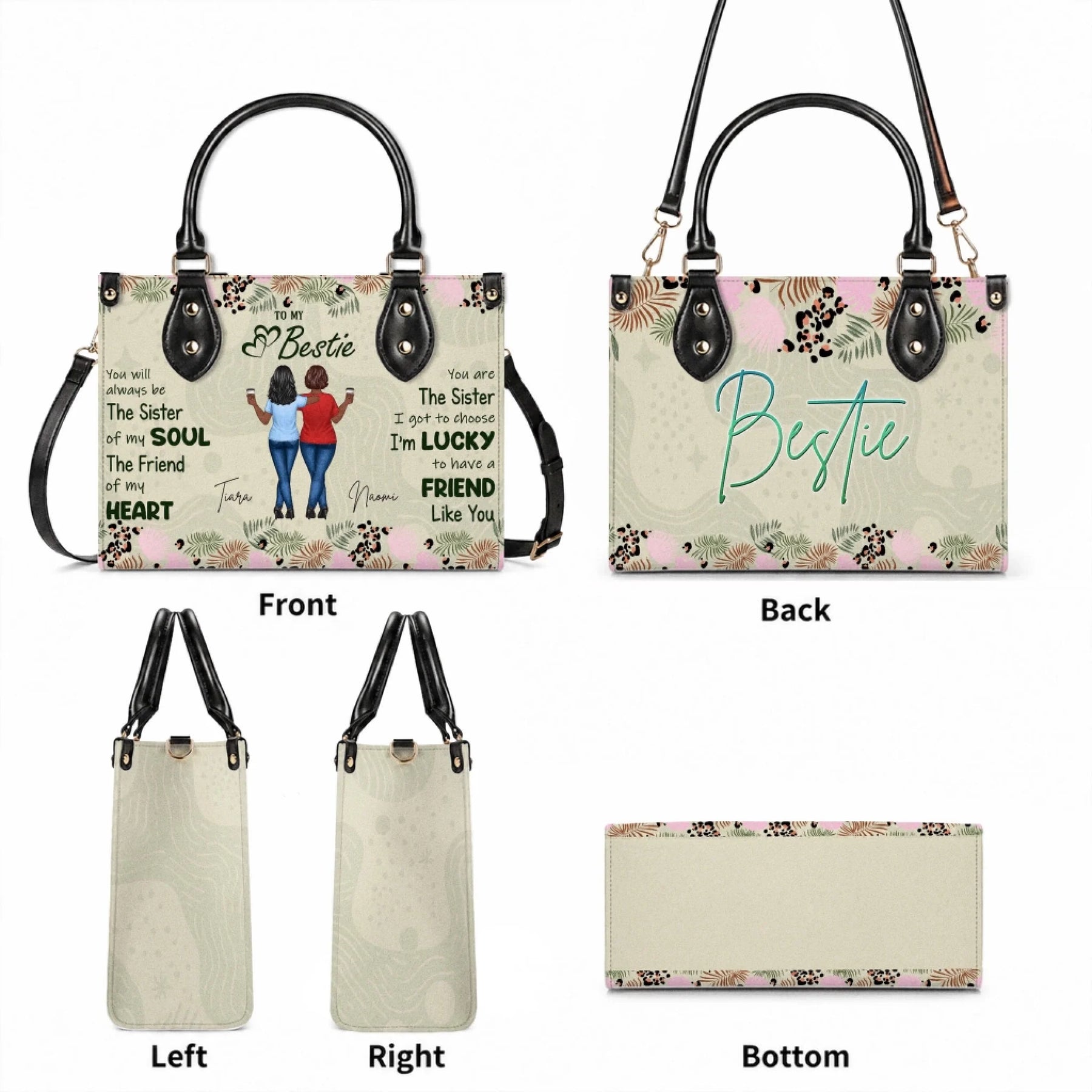 Multiple views of a personalized best friend handbag showing the front, back, side panels, and bottom structure design.