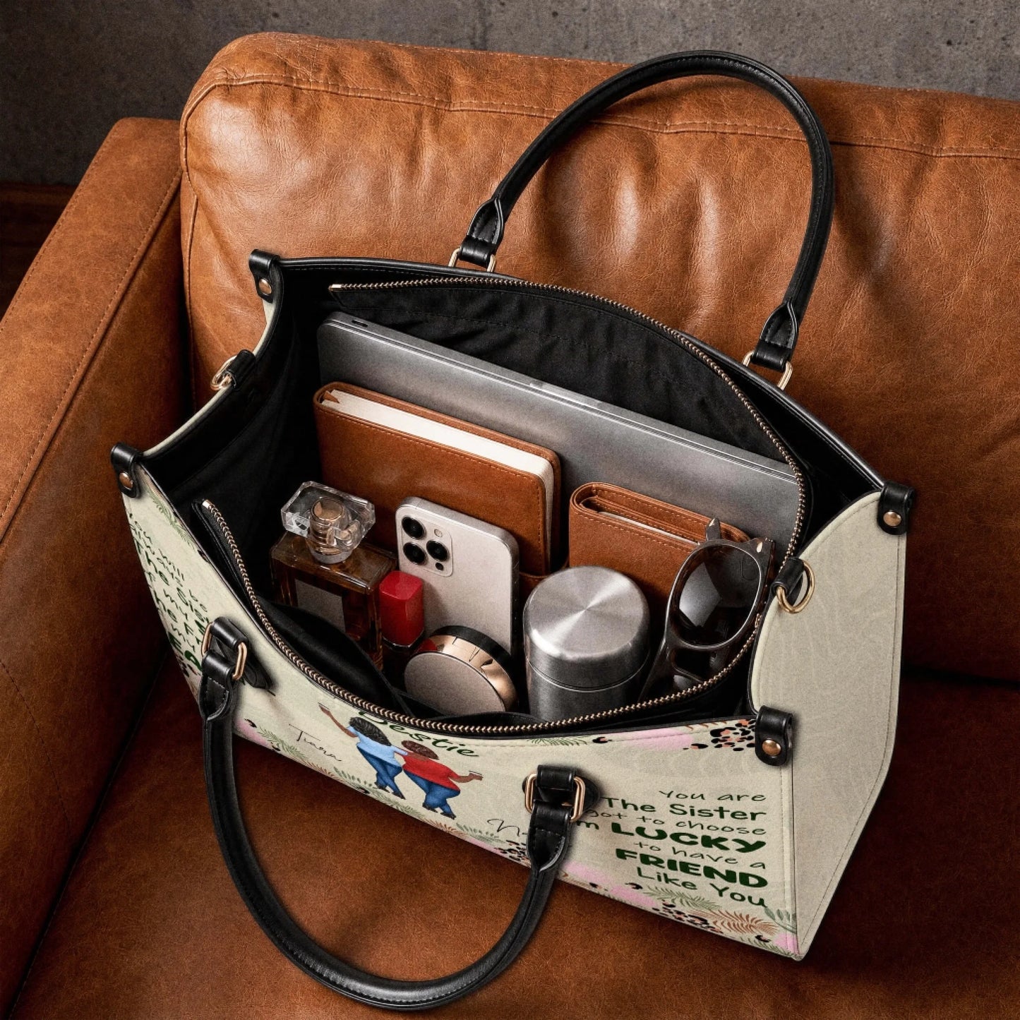 Spacious interior view of a personalized best friend tote bag, showing compartments for a laptop, phone, and daily essentials.