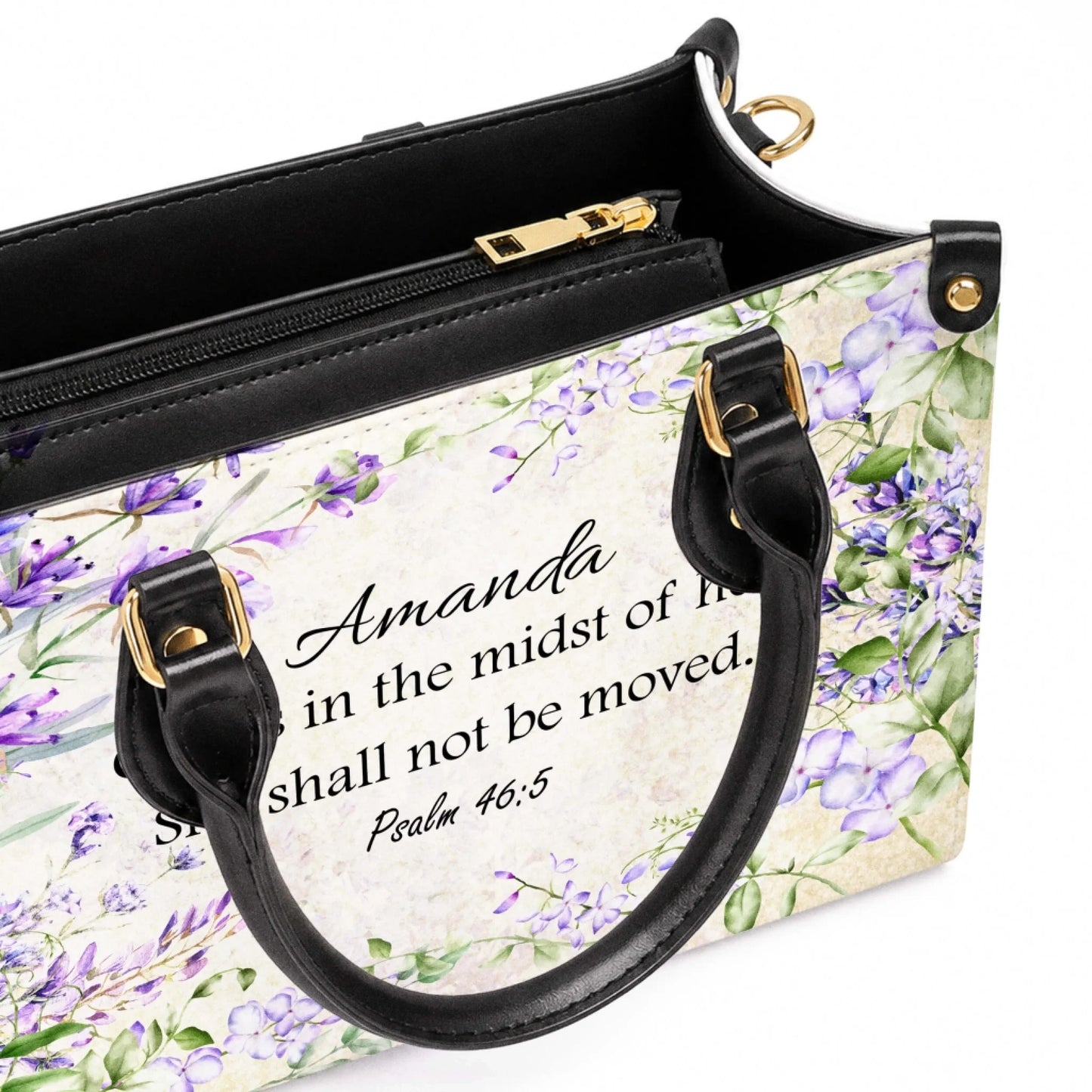 Top view of a personalized floral shoulder bag featuring Psalm 46 5, showing the detailed design and handle structure.