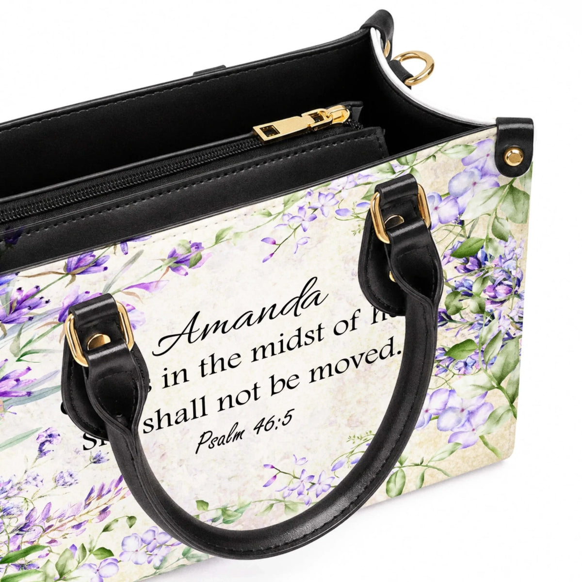 Top view of a personalized floral shoulder bag featuring Psalm 46 5, showing the detailed design and handle structure.