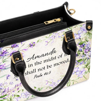 Top view of a personalized floral shoulder bag featuring Psalm 46 5, showing the detailed design and handle structure.