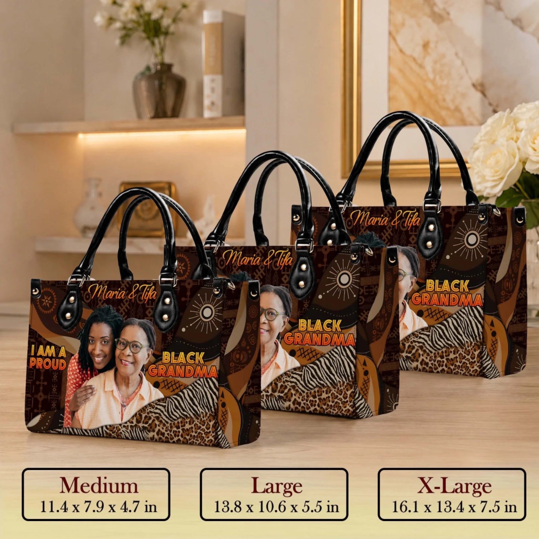 Three personalized handbags in medium large and extra large sizes with custom photo and Black Grandma printed design.