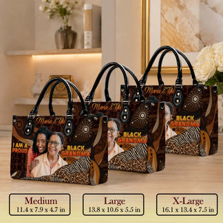 Three personalized handbags in medium large and extra large sizes with custom photo and Black Grandma printed design.