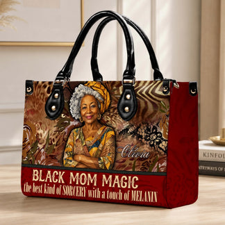 Stylish Black Mom Magic shoulder bag with a portrait and touching quote, perfect as a personalized gift for mother.