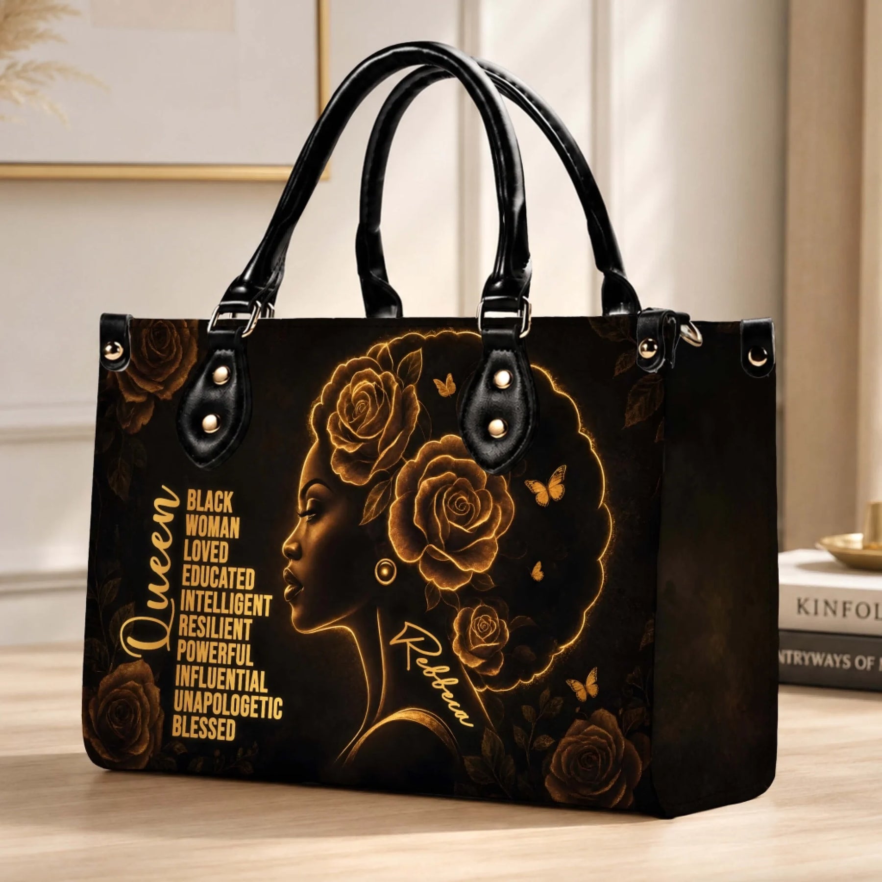 Black queen handbag with elegant gold rose and butterfly art featuring personalized custom name for a stylish gift.