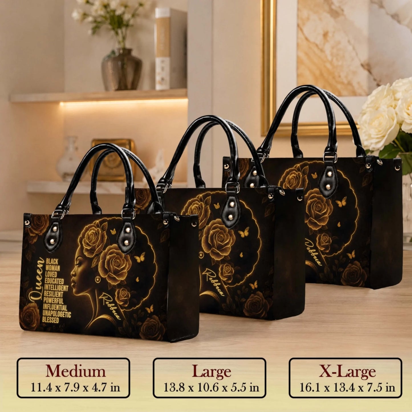Three sizes of personalized black queen tote bags with gold roses featuring medium large and extra large dimensions.