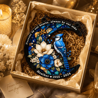 Memorial gift box with blue jay and flower crescent moon suncatcher featuring custom name Heather and dates