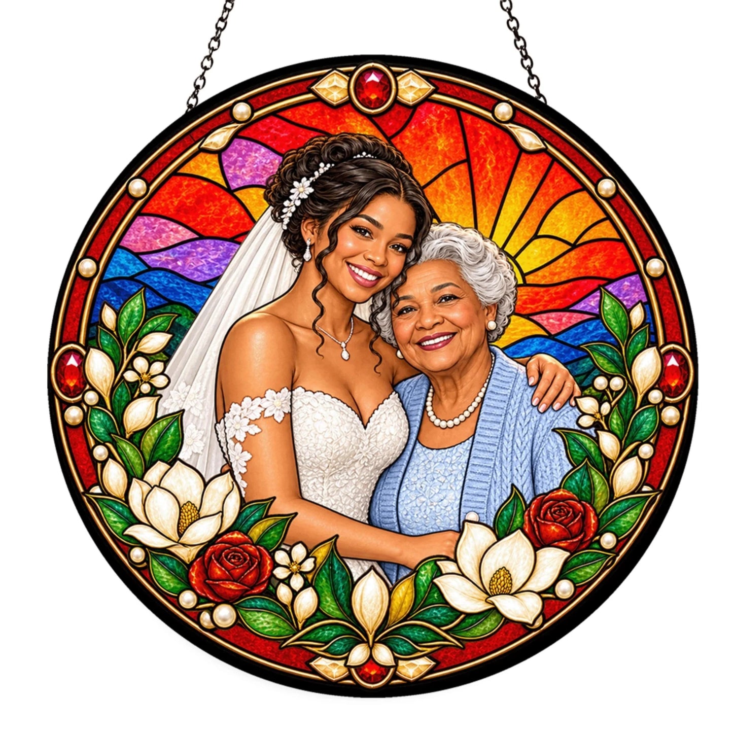 Personalized bridal portrait stained glass suncatcher, an elegant wedding gift featuring a bride and grandmother.