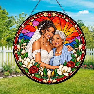 Personalized stained glass acrylic suncatcher displaying a bride hugging her grandmother, ideal for a bridal shower gift.