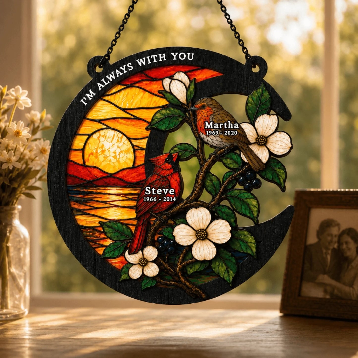 A personalized crescent moon memorial suncatcher featuring Steve and Martha with birds, perfect for remembrance.