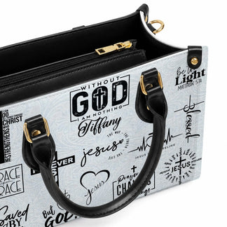 Close up of a personalized faith themed handbag showing the interior zipper compartment and inspirational text.