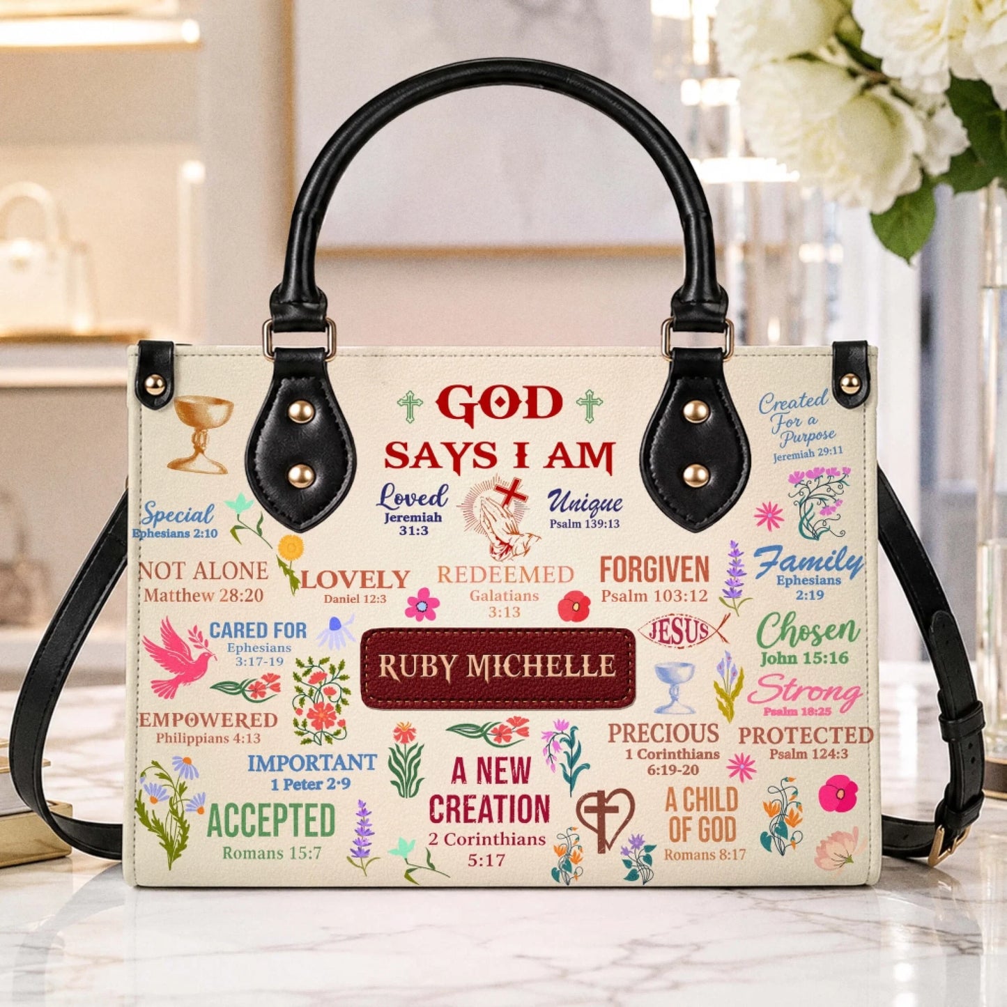 Beautiful personalized christian tote bag with bible scripture quotes and floral print elegant gift for believers