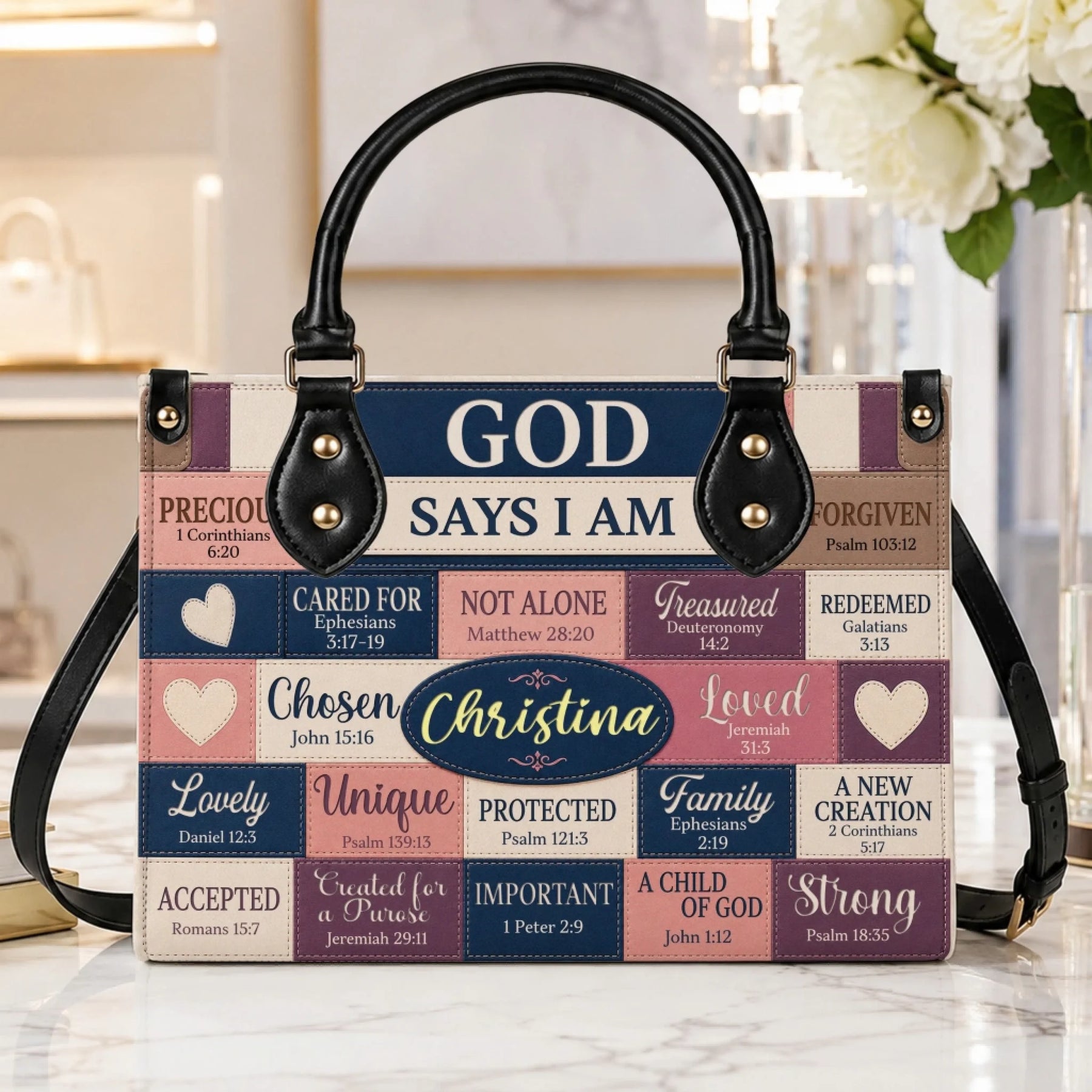 Custom religious handbag with Bible scripture quotes and the name Christina, perfect as a thoughtful faith-based gift.