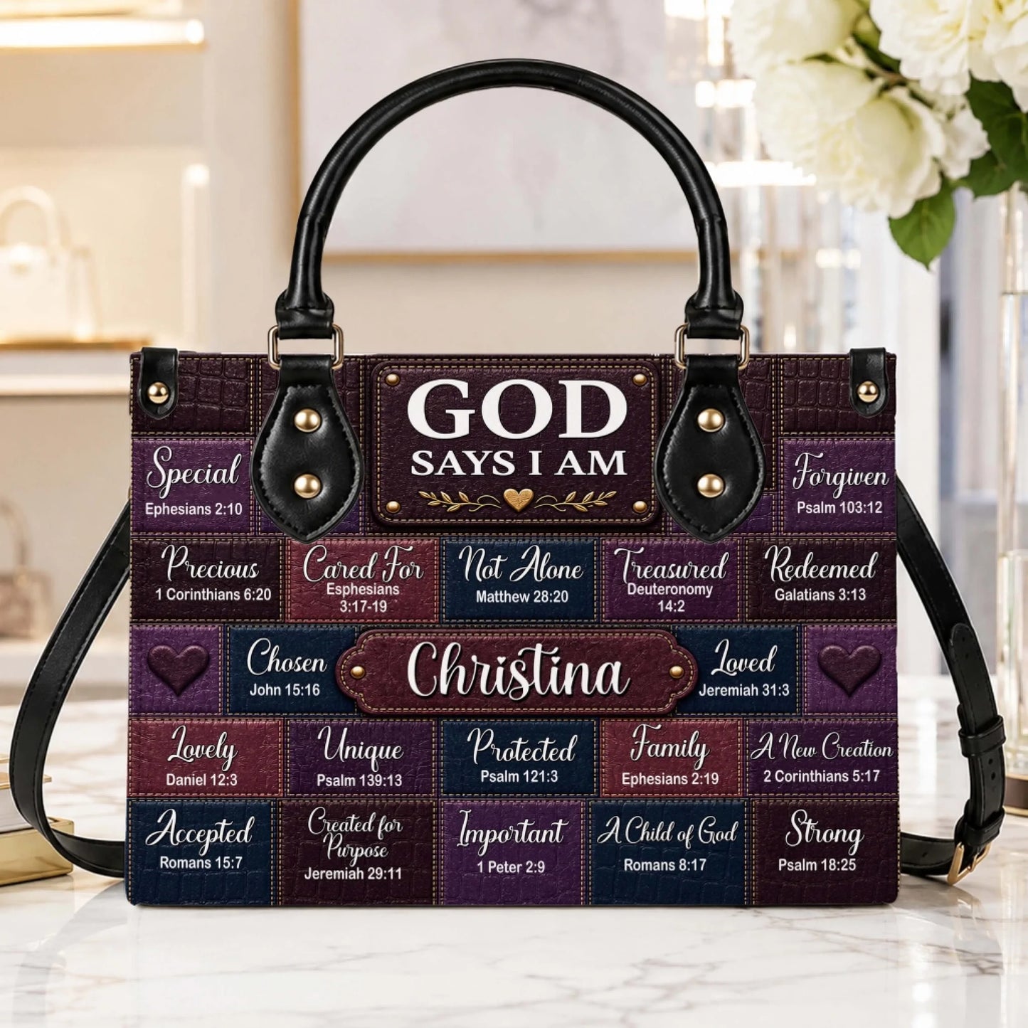 A stylish personalized handbag for women featuring inspirational Bible verses and a custom name design for Christian faith.