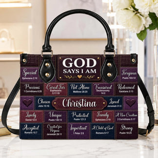 A stylish personalized handbag for women featuring inspirational Bible verses and a custom name design for Christian faith.