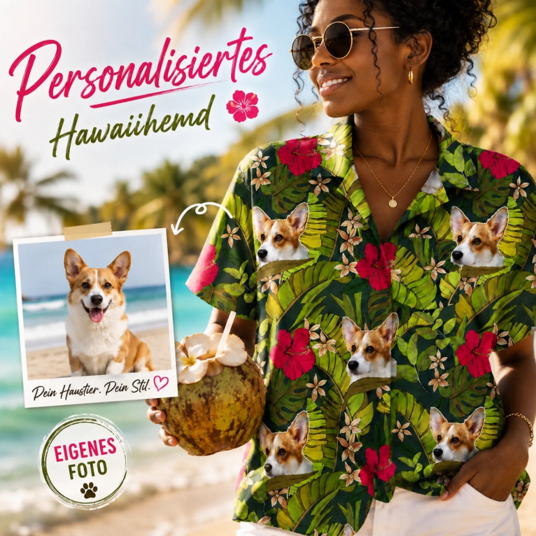 Person holding a tropical coconut with a custom Hawaiian shirt featuring a personalized photo print of a Corgi dog.