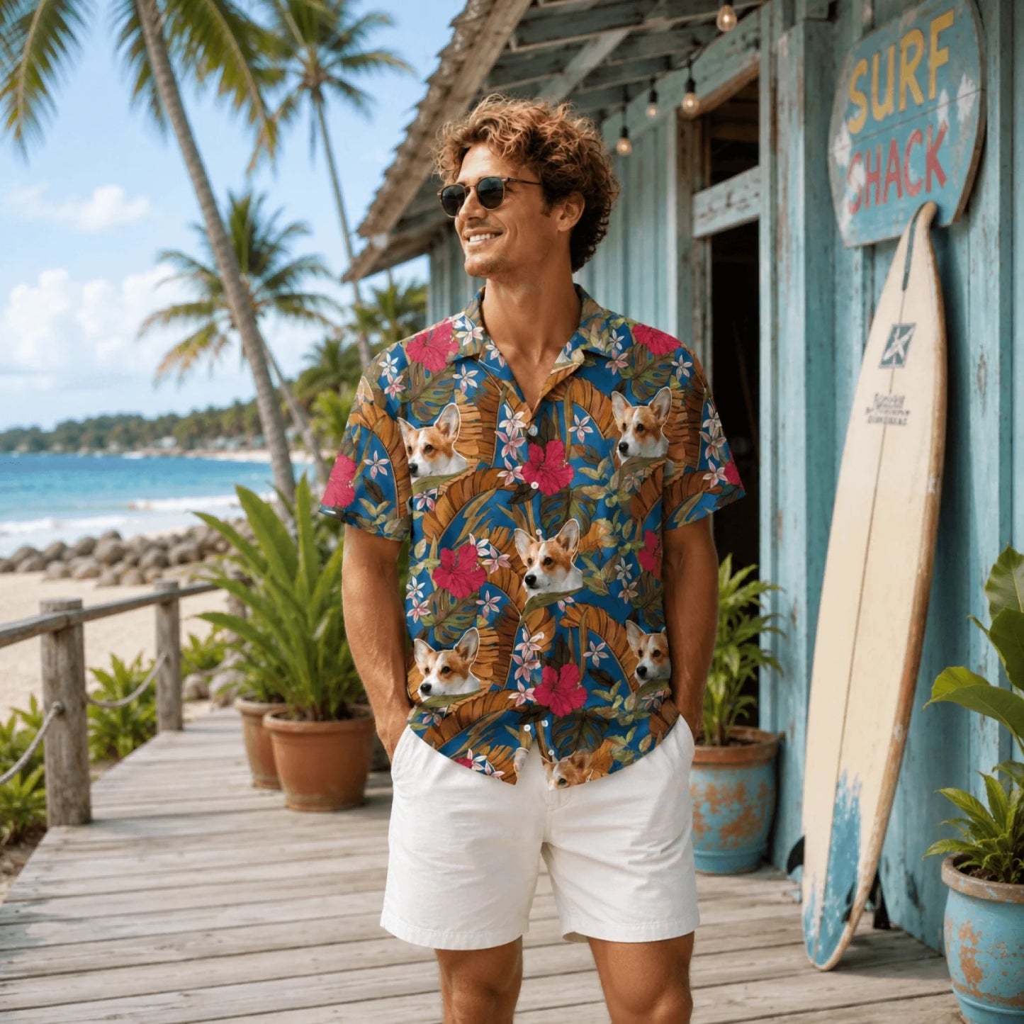 A man wearing a casual custom Hawaiian shirt with a fun corgi face pattern standing by a beach surf shack.