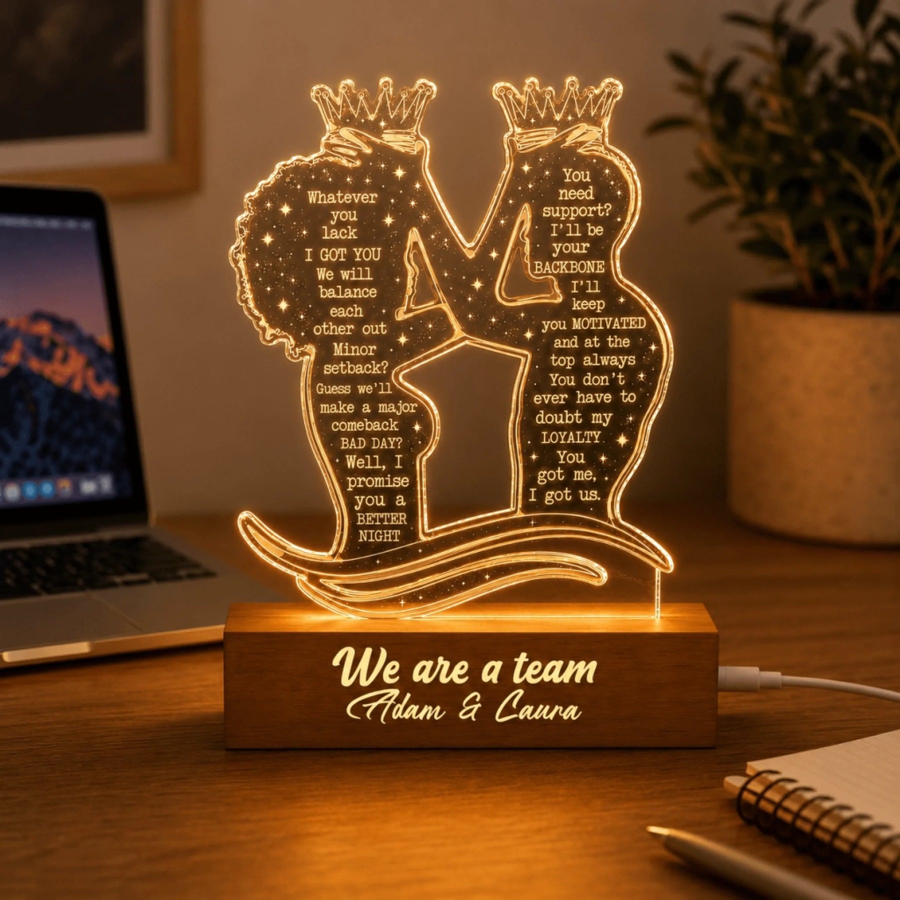 Personalized acrylic lamp for couples with engraved crowns and supportive relationship quotes for romantic decor.