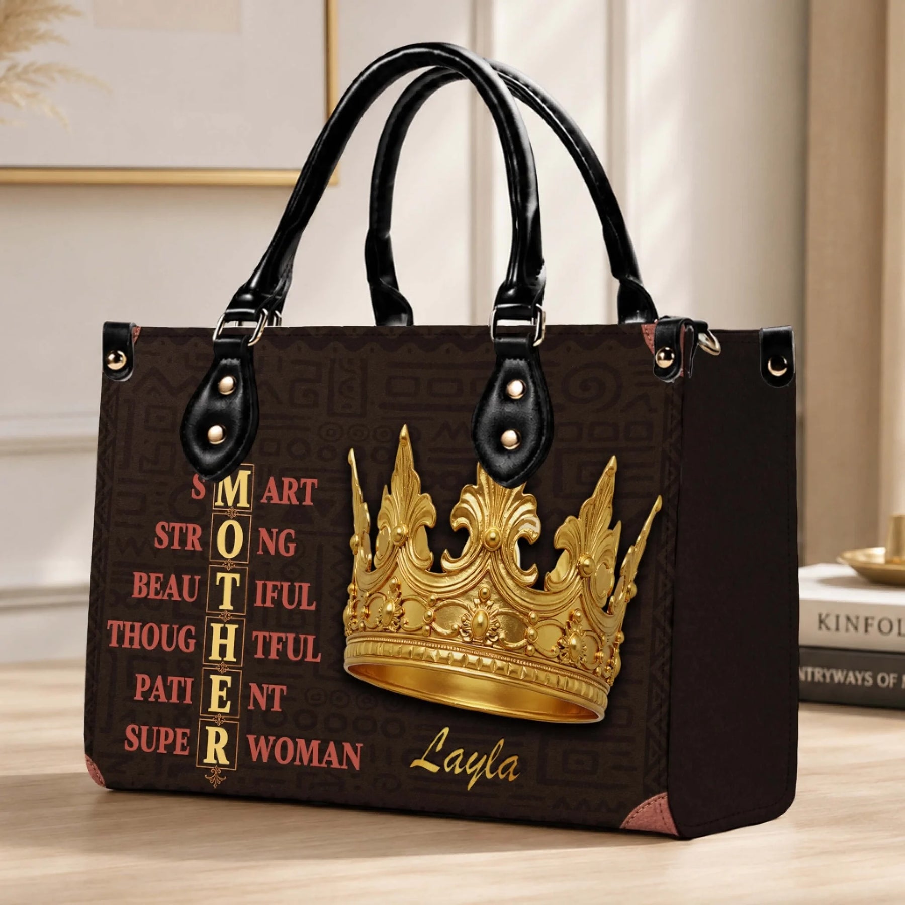 Stylish custom tote bag for mom featuring an elegant golden crown design and the name Layla, an ideal birthday gift.