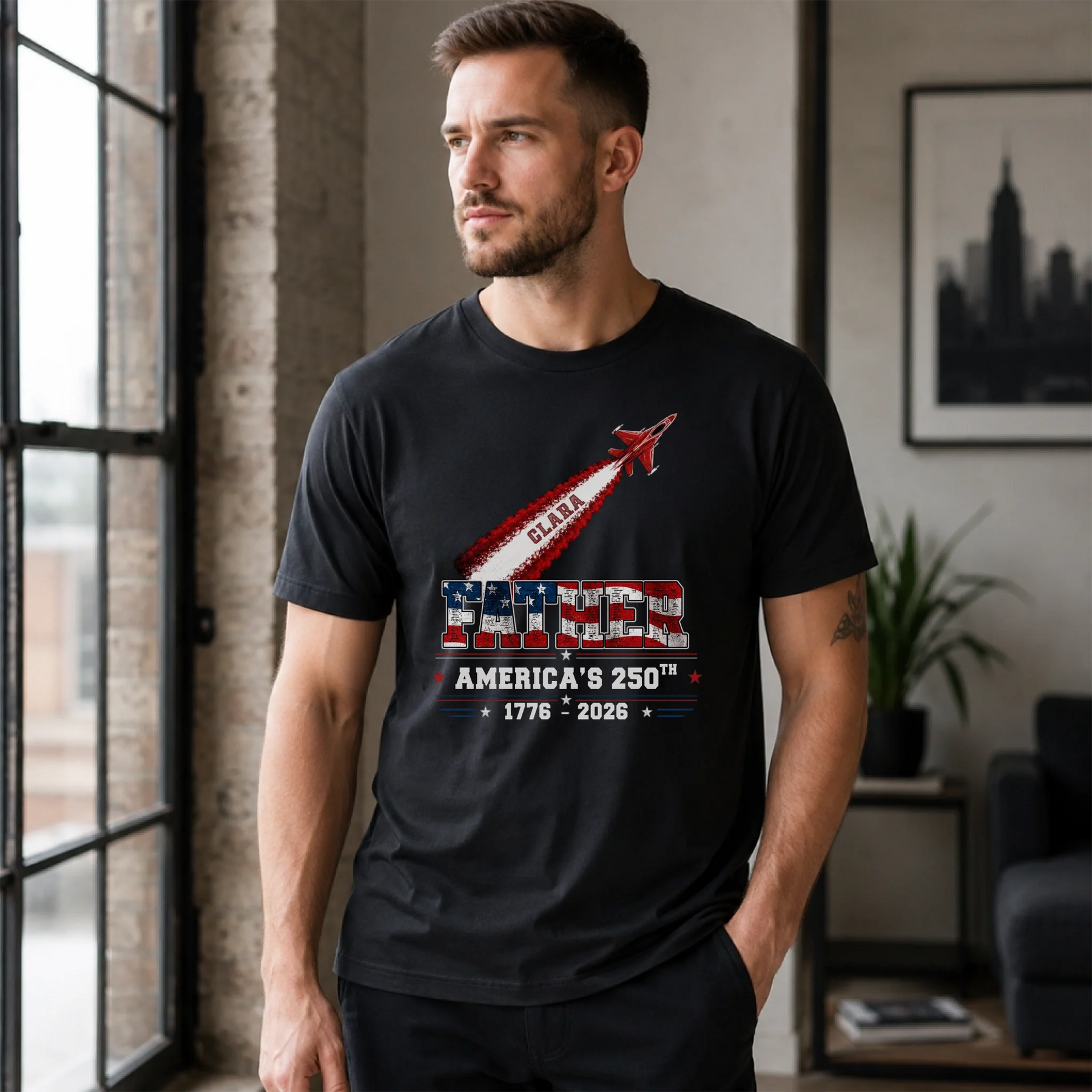 Man wearing custom dad t-shirt - personalized Father's Day gift for him America 250