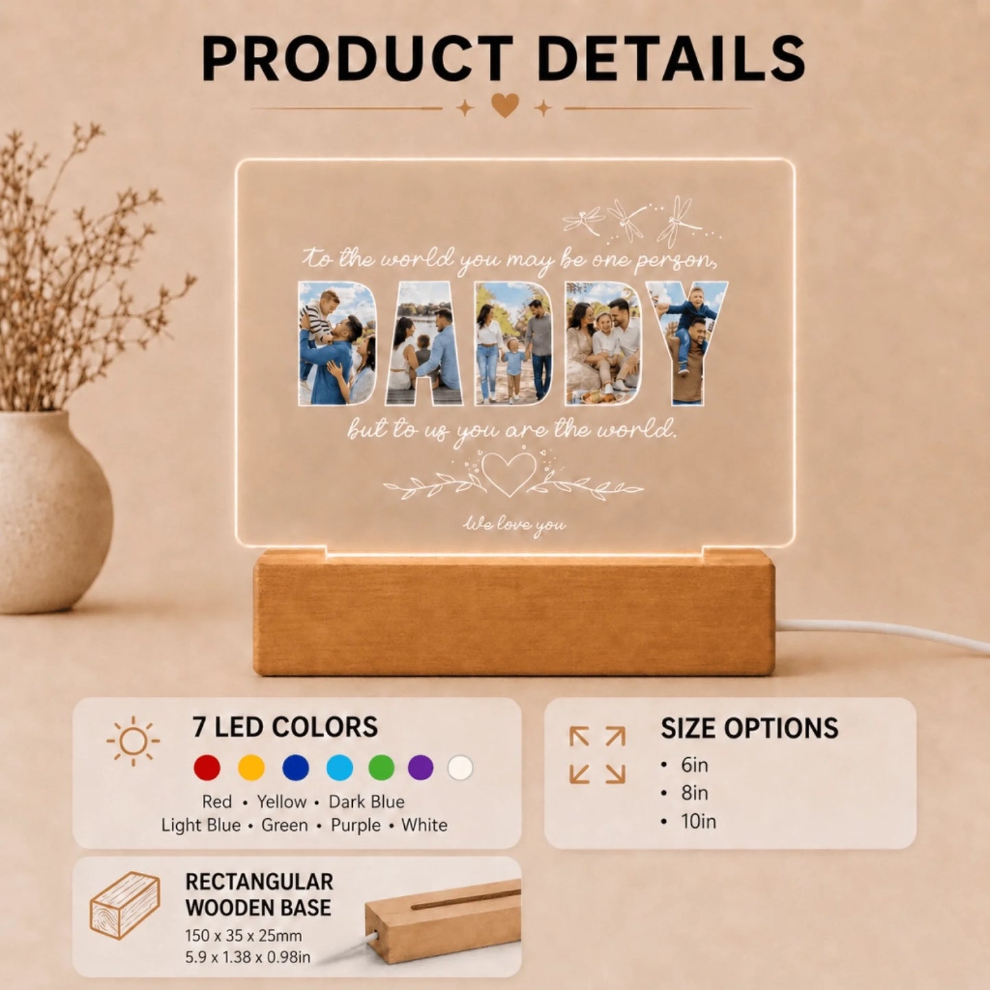 Product specifications for a personalized Daddy photo LED plaque with size options and seven customizable light colors.