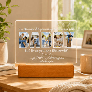 Personalized acrylic night light featuring Daddy text photo collage and quote for father memorial or holiday gift.