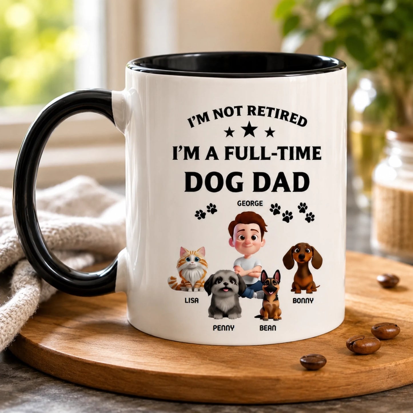 Personalized dog dad coffee mug displaying a cartoon boy with his pets and their names for a pet lover gift idea.