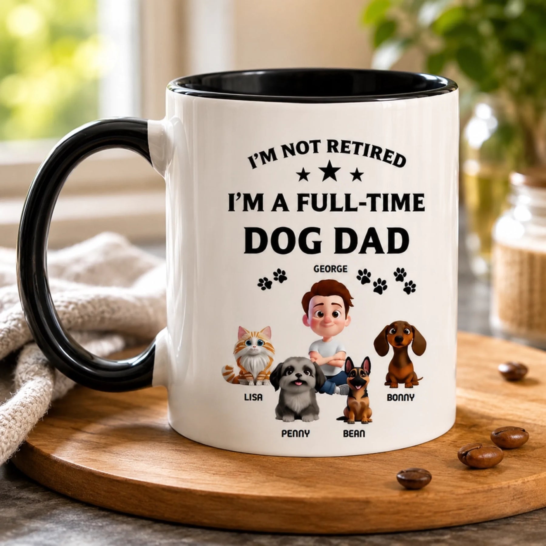 Personalized dog dad coffee mug displaying a cartoon boy with his pets and their names for a pet lover gift idea.