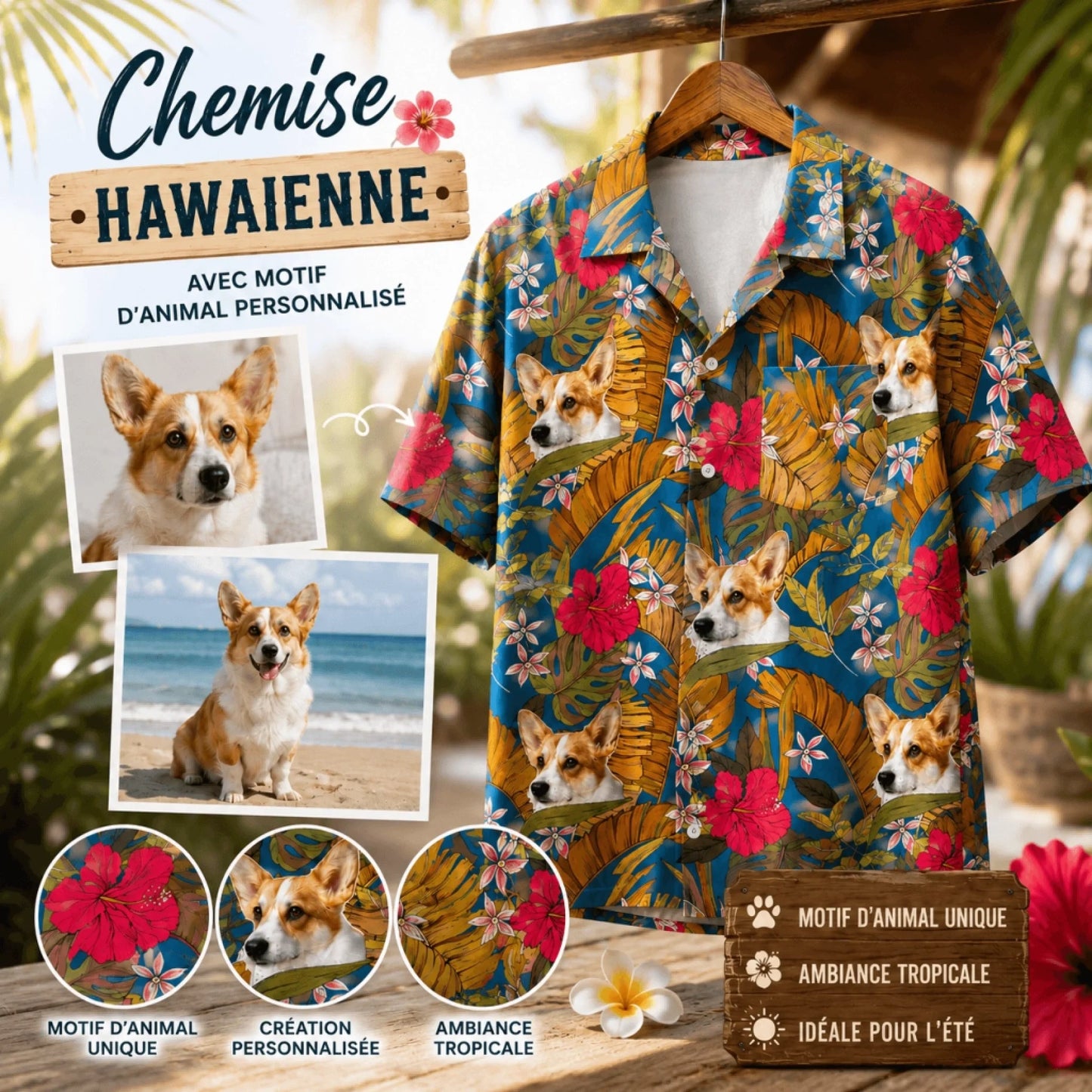 Custom Hawaiian shirt for pet lovers showcasing a personalized corgi photo pattern with tropical hibiscus and leaf prints.