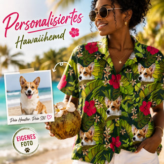 Personalized hawaiian shirt with a custom pet face print and tropical flowers, perfect for dog lovers and beach wear.
