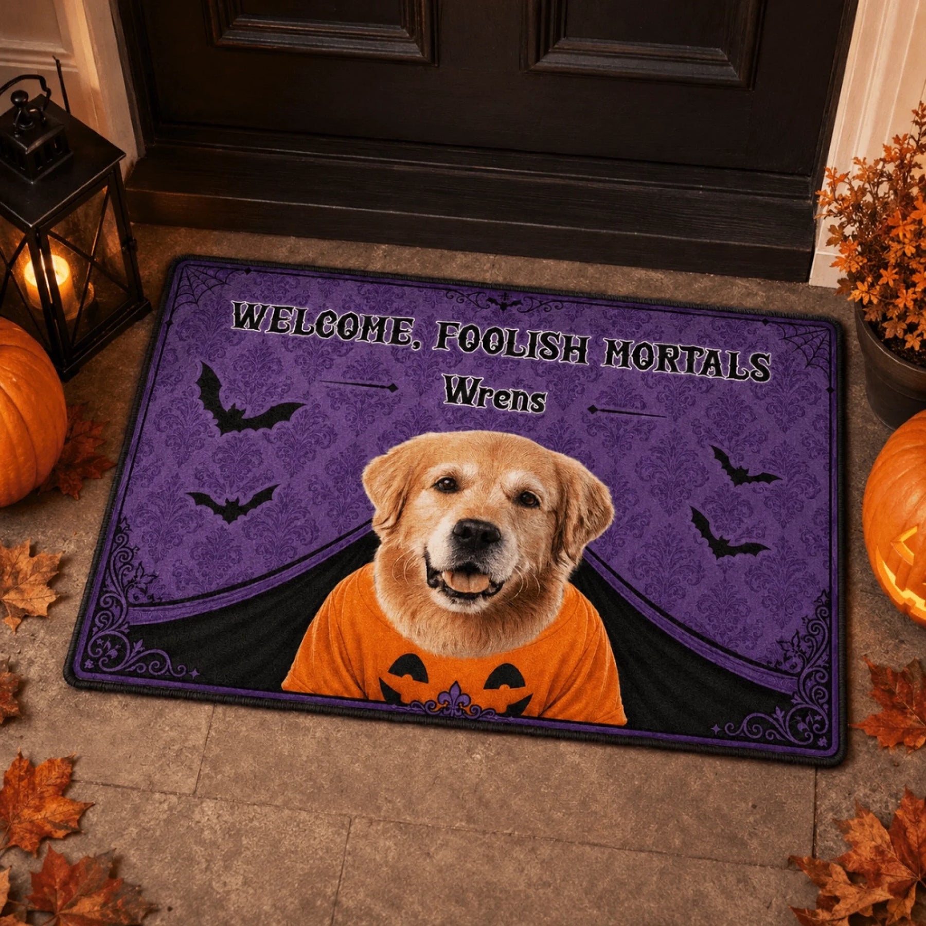 Personalized halloween entry rug with a cute golden retriever portrait and custom Wrens text for pet lovers.