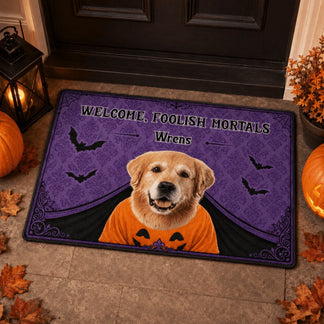 Personalized halloween entry rug with a cute golden retriever portrait and custom Wrens text for pet lovers.