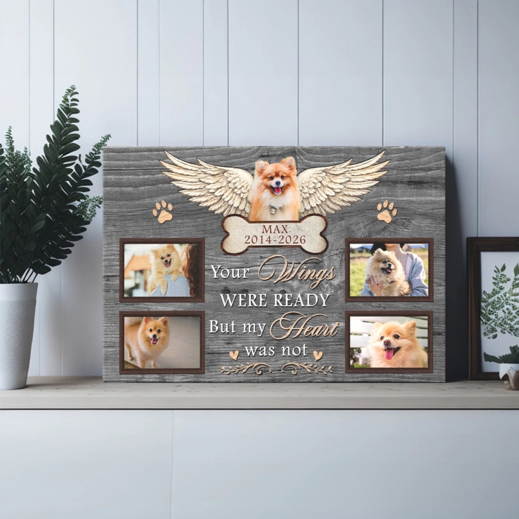 Personalized dog memorial canvas with angel wings and photo collage, perfect as a thoughtful pet sympathy gift.