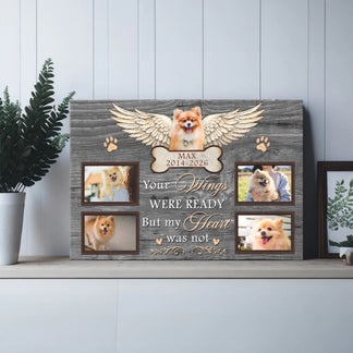 Personalized dog memorial canvas with angel wings and photo collage, perfect as a thoughtful pet sympathy gift.