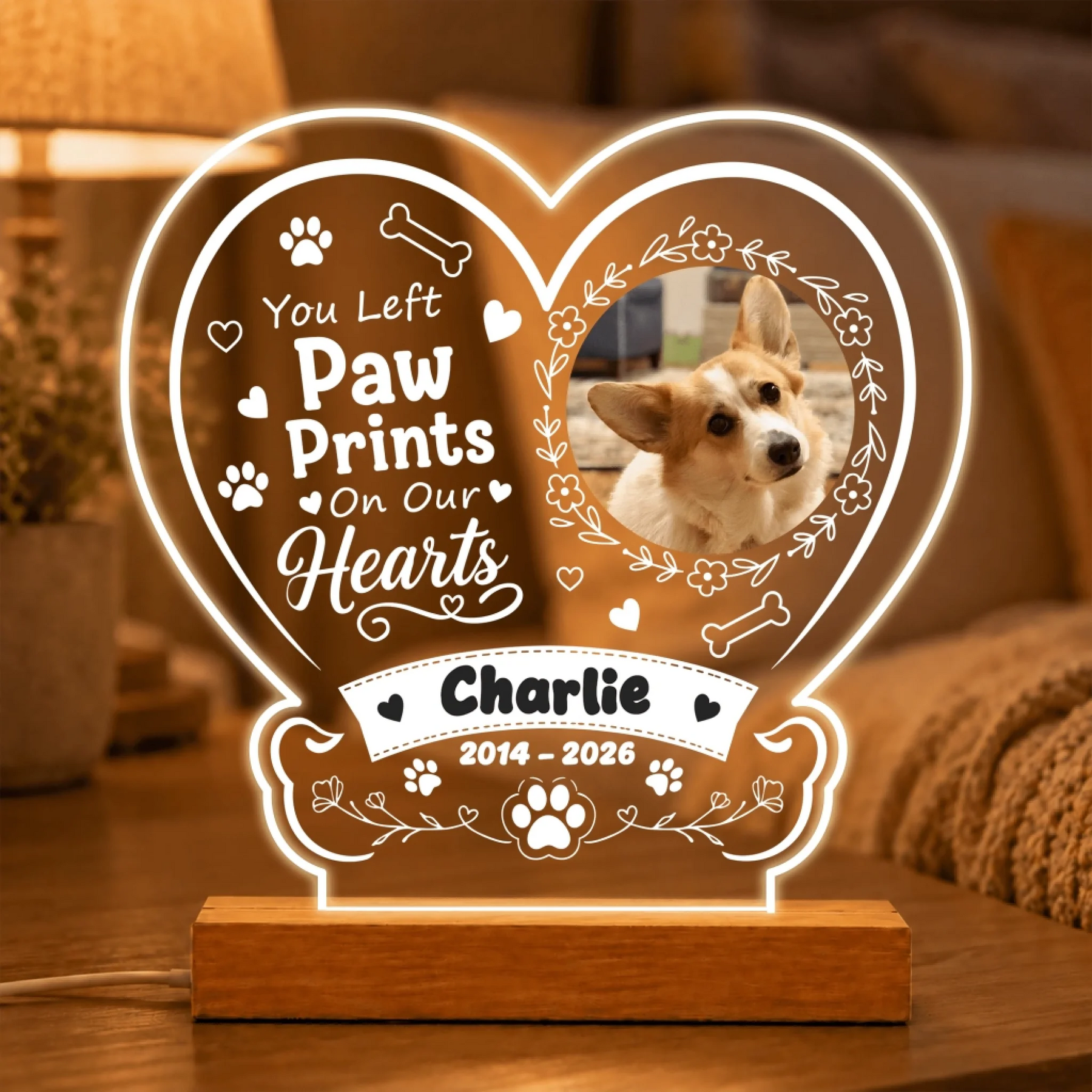 Custom LED heart night light featuring a pet dog photo memorial with the name Charlie and dates 2014 to 2026 for pet loss.